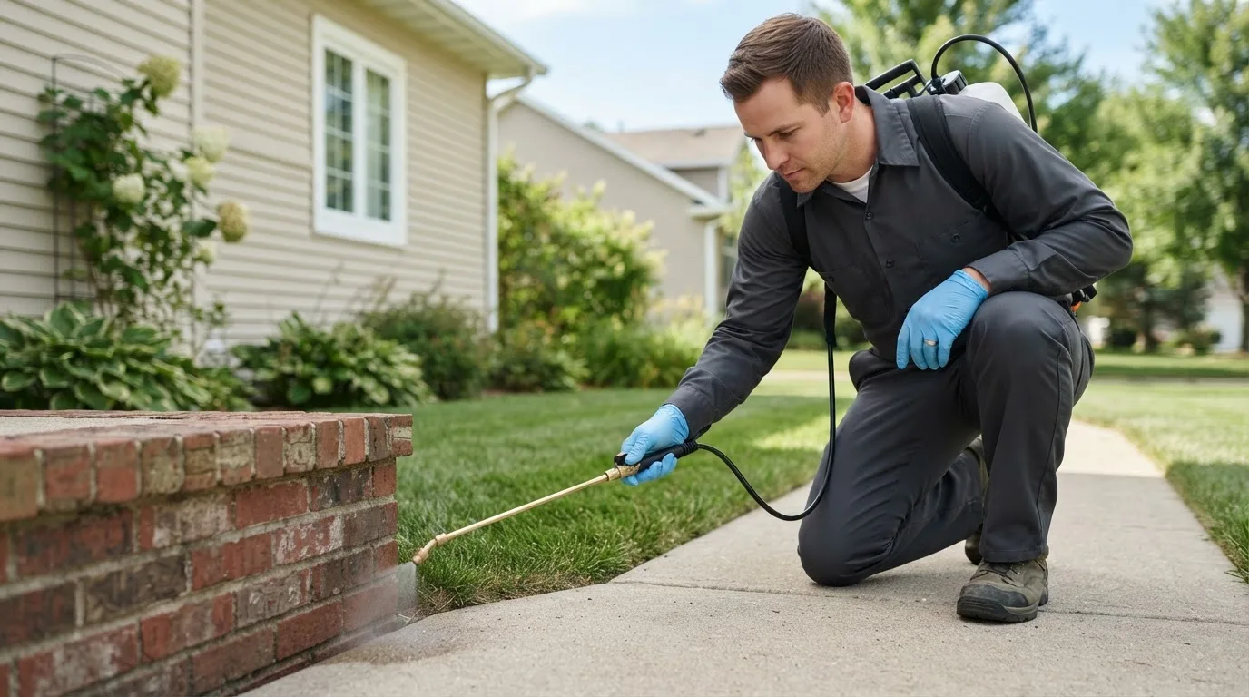 Pest control technician treating a home near Montezuma, GA